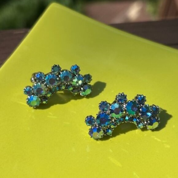 WEISS Aurora Borealis AB Blue Rhinestone EARRINGS - Picture 3 of 6